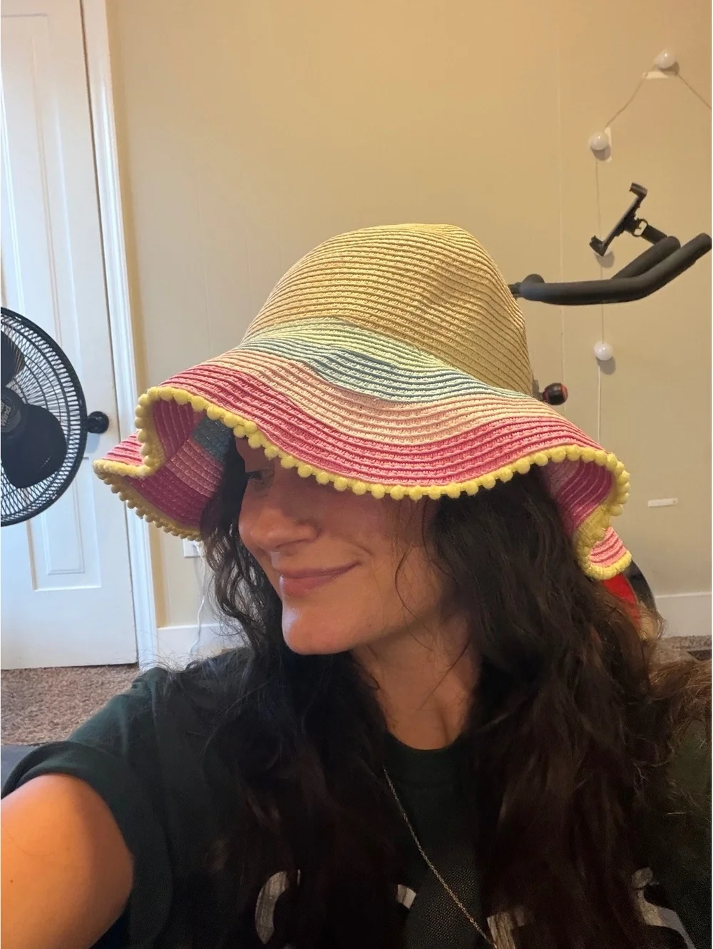 Target Women's Rainbow Striped Wide Brim Straw Bucket Sun Hat with Pom Pom Trim